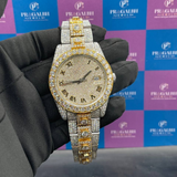 display view of two tone iced out diamond watch by pragalbh jewels featuring roman numeral dial