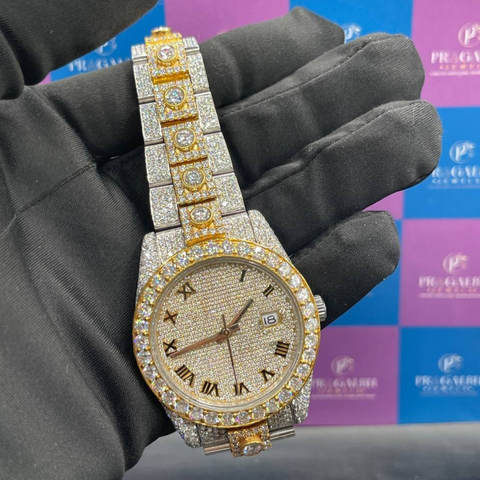 front view of two tone gold and silver iced out diamond watch by pragalbh jewels handcrafted luxury